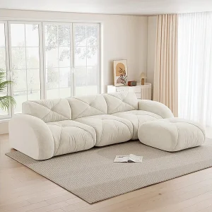 3-zits modulaire hoekbank van chenillestof, met poef, 281x171x76cm, Wit 3-zits modulaire hoekbank van chenillestof, met poef, 281x171x76cm, Wit