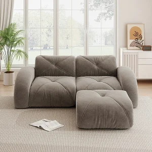2-zits modulaire hoekbank van chenillestof, met poef, 204x171x76cm, Bruin 2-zits modulaire hoekbank van chenillestof, met poef, 204x171x76cm, Bruin