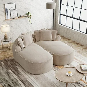 2-zits modulaire bank van chenillestof, dubbel liggedeelte, met 6 kussens, 184x164x67cm, Beige