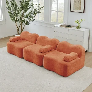 3-zits modulaire golfvormbank van fluweel, met armleuningskussen, 288x98x70cm, Oranje