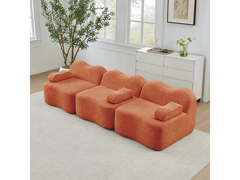 3-zits modulaire golfvormbank van fluweel, met armleuningskussen, 288x98x70cm, Oranje