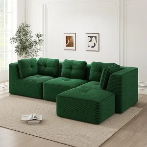 3-zits modulaire bank, met poef en kussens, van geribbeld fluweel, groen, 297x177x69cm