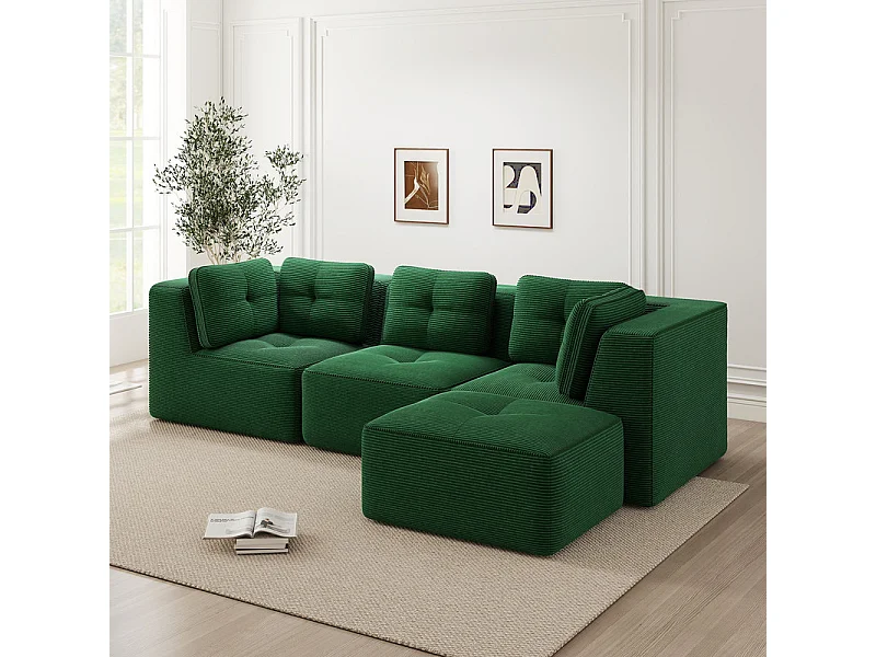 3-zits modulaire bank, met poef en kussens, van geribbeld fluweel, groen, 297x177x69cm