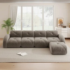 4-zits modulaire hoekbank van chenillestof, met poef, 358x171x76cm, Bruin
