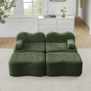 2-zits modulaire hoekbank van fluweel, met 2 poefs, 192x167x70cm, Groen