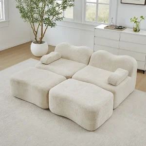 2-zits modulaire hoekbank van fluweel, met 2 poefs, 192x167x70cm, Beige
