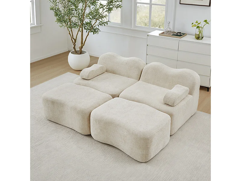 2-zits modulaire hoekbank van fluweel, met 2 poefs, 192x167x70cm, Beige