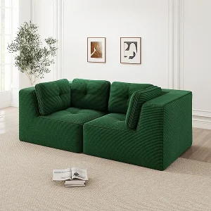 2-zits modulaire bank van geribbeld fluweel groen – met 4 kussens – 208x104x69cm 2-zits modulaire bank van geribbeld fluweel groen – met 4 kussens – 208x104x69cm