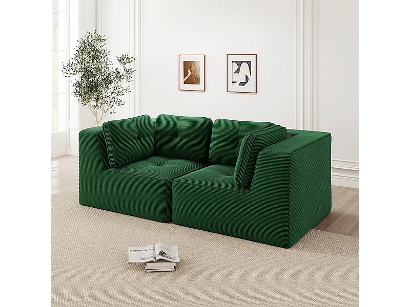 2-zits modulaire bank van geribbeld fluweel groen - met 4 kussens - 208x104x69cm