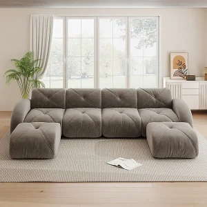 4-zits modulaire hoekbank van chenillestof, met 2 poefs, 358x171x76cm, Bruin 4-zits modulaire hoekbank van chenillestof, met 2 poefs, 358x171x76cm, Bruin