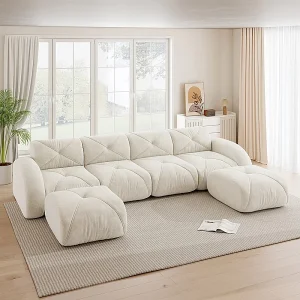 4-zits modulaire hoekbank van chenillestof, met 2 poefs, 358x171x76cm, Wit