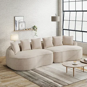 4-zits modulaire bank van chenillestof, met 6 kussens, 63cm zitdiepte, 320x114x67cm, Beige 4-zits modulaire bank van chenillestof, met 6 kussens, 63cm zitdiepte, 320x114x67cm, Beige