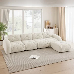 4-zits modulaire hoekbank van chenillestof, met poef, 358x171x76cm, Wit