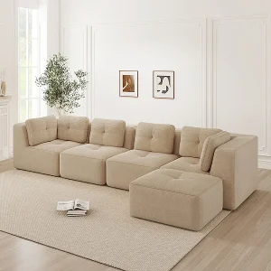 4-zits hoekbank van geribbeld fluweel, met poef en 6 kussens, 386x177x69cm, beige 4-zits hoekbank van geribbeld fluweel, met poef en 6 kussens, 386x177x69cm, beige