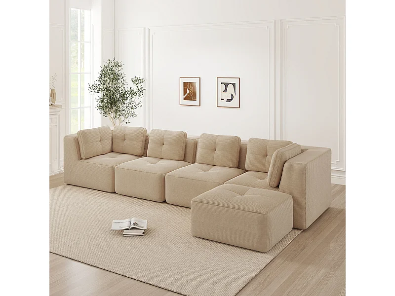 4-zits hoekbank van geribbeld fluweel, met poef en 6 kussens, 386x177x69cm, beige