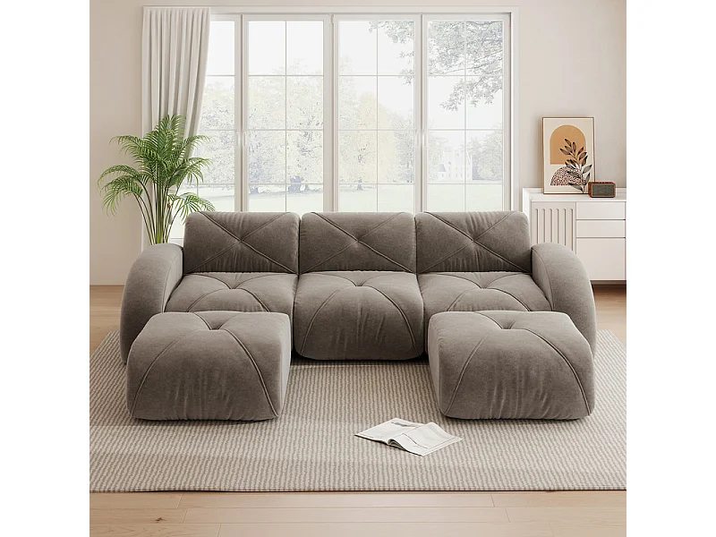 3-zits modulaire hoekbank van chenillestof, met 2 poefs, 281x171x76cm, Bruin
