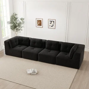 4-zits modulaire bank, met 6 kussens, van geribbeld fluweel, 386x104x69cm, zwart 4-zits modulaire bank, met 6 kussens, van geribbeld fluweel, 386x104x69cm, zwart