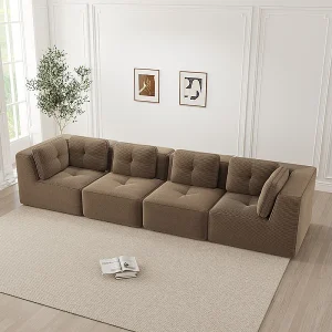 4-zits modulaire bank, met 6 kussens, van geribbeld fluweel, 386x104x69cm, bruin 4-zits modulaire bank, met 6 kussens, van geribbeld fluweel, 386x104x69cm, bruin