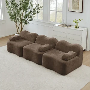 3-zits modulaire golfvormbank van fluweel, met armleuningskussen, 288x98x70cm, Bruin