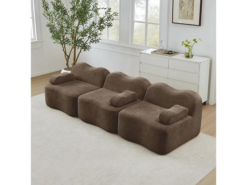 3-zits modulaire golfvormbank van fluweel, met armleuningskussen, 288x98x70cm, Bruin