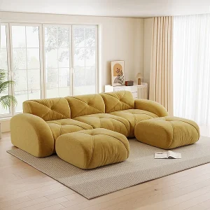 3-zits modulaire hoekbank van chenillestof, met 2 poefs, 281x171x76cm, Geel