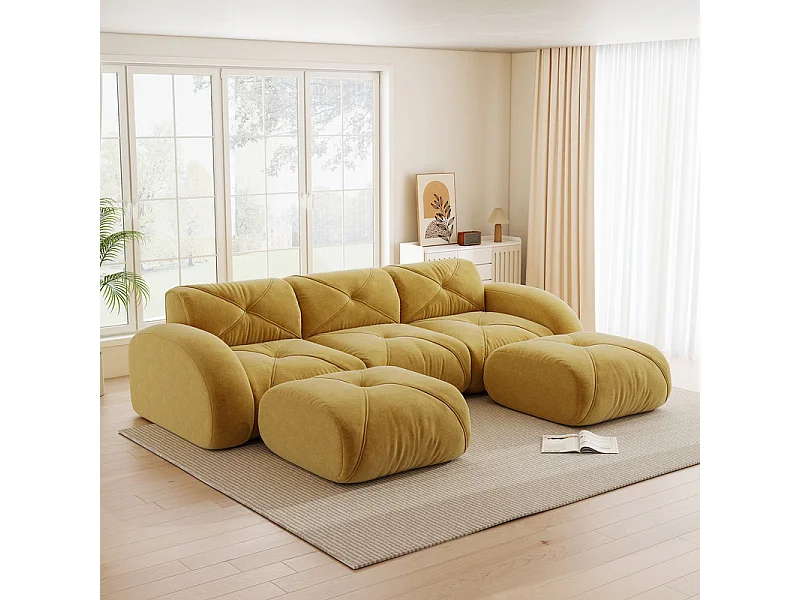 3-zits modulaire hoekbank van chenillestof, met 2 poefs, 281x171x76cm, Geel