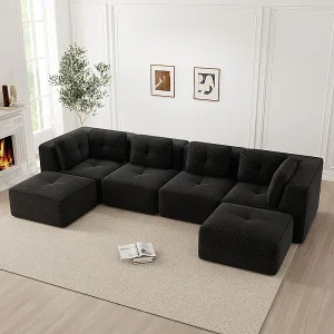 4-zits modulaire panoramabank, van geribbeld fluweel, met 2 poefs, 386x177x69cm, zwart
