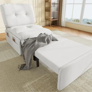 Bank 1 persoon 2 in 1 – Slaapbank, Fauteuil – Met opvouwbare matras – Opbergzak – Houten frame + Linnen stof – Wit