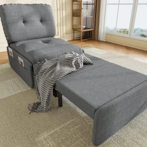 Bank 1 persoon 2 in 1 – Slaapbank, Fauteuil – Met opvouwbare matras – Opbergzak – Houten frame + Linnen stof – Grijs
