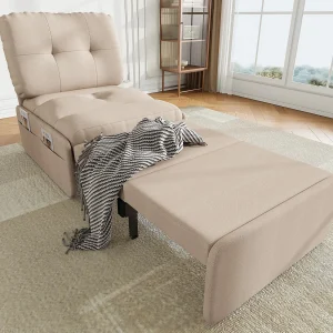 Bank 1 persoon 2 in 1 – Slaapbank, Fauteuil – Met opvouwbare matras – Opbergzak – Houten frame + Linnen stof – Beige
