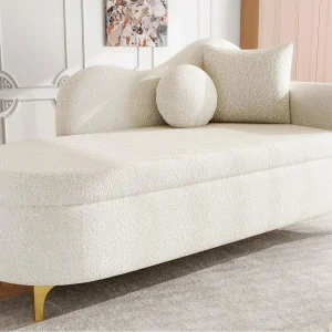 Bank 1 persoons – Opberg meridian 134 cm – Golvend rugkussen – Fleece stof pluche effect – Zitkussen – Gebroken wit