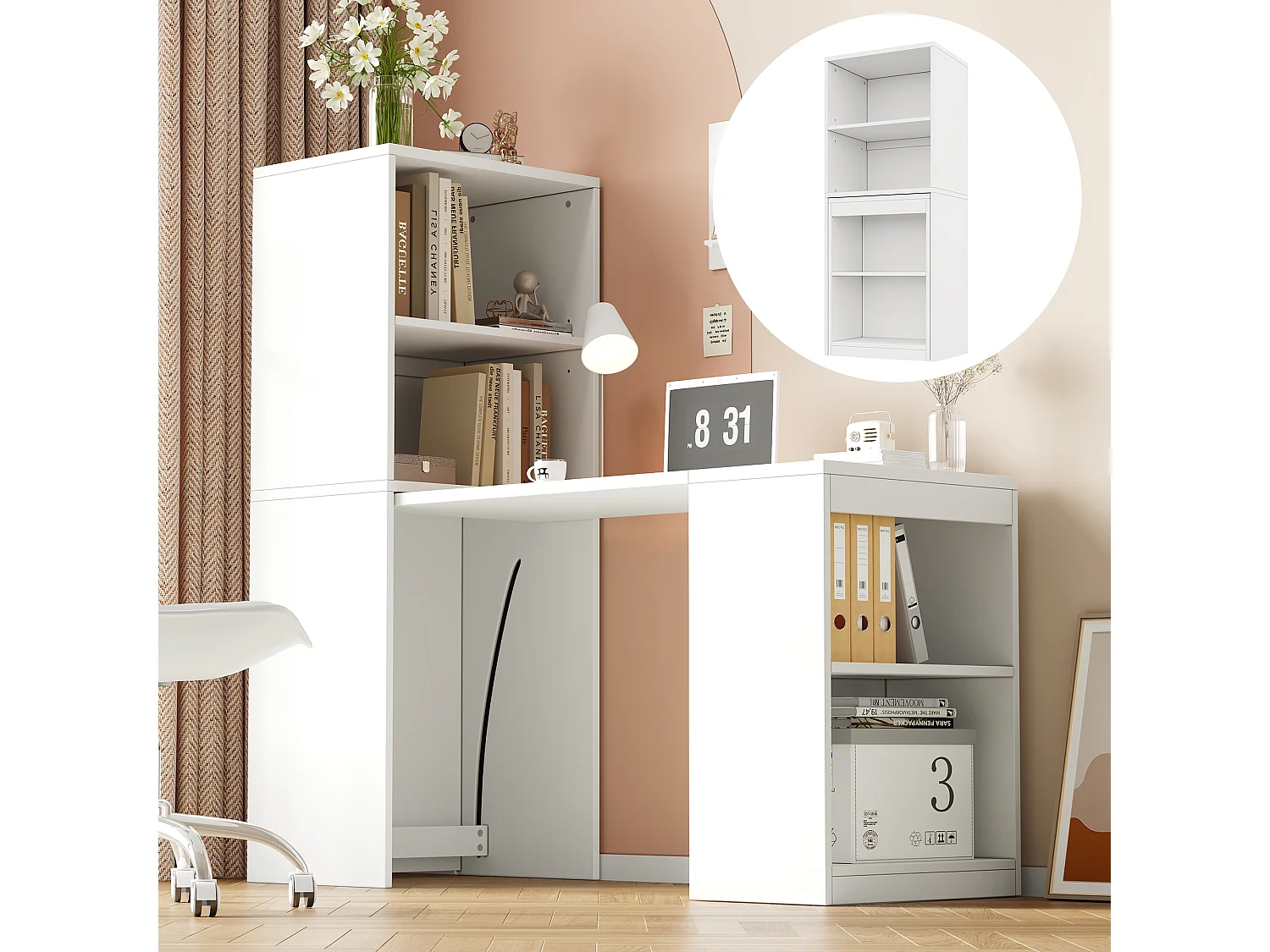 2-in-1 opklapbaar bureau en kast - 130 x 51 x 137 cm - met 4 opbergplanken - spaanplaat - wit