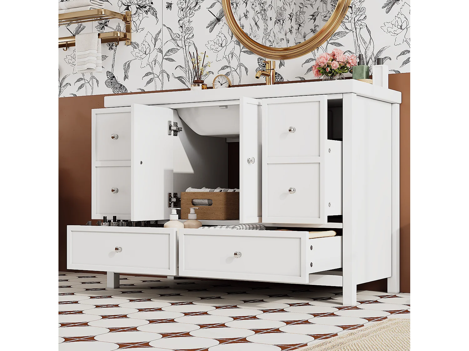 Badkamermeubel - 120 x 50 x 86,5 cm - gelakte afwerking - met 4 lades + deuren + harswastafel - MDF - wit