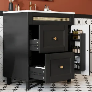 Badkamermeubel – 76 x 46 x 86,5 cm – gelakte afwerking – met 2 lades + opbergdeur + wasbak – MDF – zwart Badkamermeubel – 76 x 46 x 86,5 cm – gelakte afwerking – met 2 lades + opbergdeur + wasbak – MDF – zwart