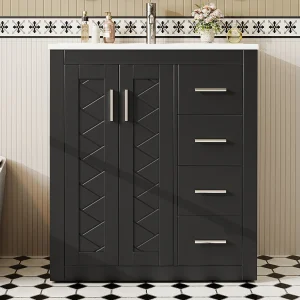 Badkamermeubel – 76 x 46,5 x 85,5 cm – gelakte afwerking – met lades + deur + wasbak – MDF – zwart Badkamermeubel – 76 x 46,5 x 85,5 cm – gelakte afwerking – met lades + deur + wasbak – MDF – zwart