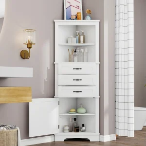 Badkamerhoekkastje – 57,7 x 46 x 167,5 cm – met 1 deur + 3 lades + open schappen – MDF – wit