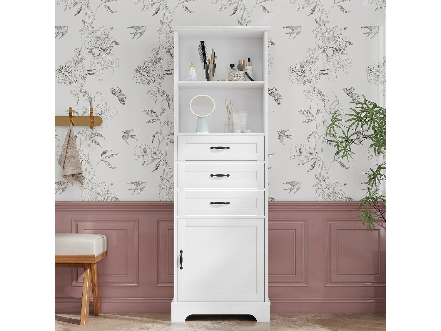 Badkamermeubel 56x25,6x167 cm - Gelakte afwerking - 3 lades en 1 deur - Open planken - MDF - Wit