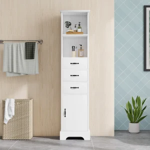 Badkamermeubel 38x26x172,5 cm – 3 lades en 1 deur – Verstelbare planken – Gelakte afwerking – Wit Badkamermeubel 38x26x172,5 cm – 3 lades en 1 deur – Verstelbare planken – Gelakte afwerking – Wit