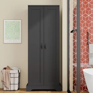 Badkamermeubel 56x40x170 cm – Vochtbestendige afwerking – 2 deuren, 4 planken – Verstelbare planken – MDF – Zwart Badkamermeubel 56x40x170 cm – Vochtbestendige afwerking – 2 deuren, 4 planken – Verstelbare planken – MDF – Zwart