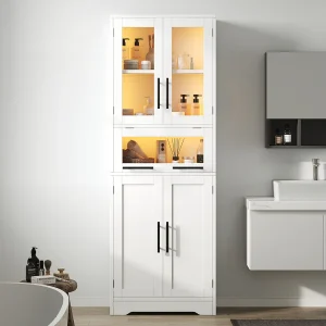Badkamerkast – 60 x 30 x 170 cm – met LED-verlichting + 2 glazen deuren – minimalistische Scandinavische stijl – MDF + glas – wit