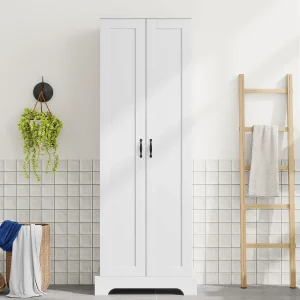Badkamerkast – 56 x 40 x 170 cm – met 2 deuren + 4 verstelbare planken – MDF – wit