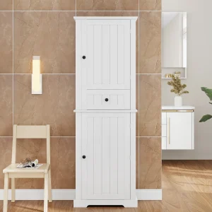 Badkamermeubel 56x28x167,3 cm – 2 deuren en 1 lade – Gelakte afwerking – Verstelbare planken – MDF – Wit Badkamermeubel 56x28x167,3 cm – 2 deuren en 1 lade – Gelakte afwerking – Verstelbare planken – MDF – Wit