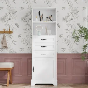 Badkamerkast – 56 x 25,6 x 167 cm – met 1 deur + 3 lades + open schappen – MDF – wit
