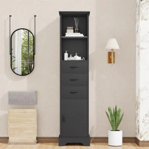 Badkamermeubel 38x26x172,5 cm – 3 lades en 1 deur – Verstelbare planken – Gelakte afwerking – Zwa Badkamermeubel 38x26x172,5 cm – 3 lades en 1 deur – Verstelbare planken – Gelakte afwerking – Zwa