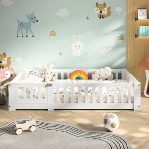 Babybedje van 80×160 cm, met veiligheidshekjes en lattenbodem, gemaakt van massief grenenhout, witte kleur Babybedje van 80×160 cm, met veiligheidshekjes en lattenbodem, gemaakt van massief grenenhout, witte kleur