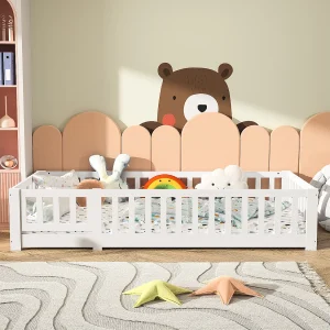 Babybedje 90 x 200 cm – met veiligheidshekjes en lattenbodem – gemaakt van massief grenenhout – wit Babybedje 90 x 200 cm – met veiligheidshekjes en lattenbodem – gemaakt van massief grenenhout – wit