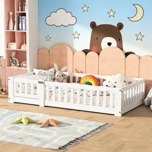 Babybedje van 120×200 cm met veiligheidshekje en lattenbodem, eenpersoonsbedframe voor jongens en meisjes, kinderen en baby's Babybedje van 120×200 cm met veiligheidshekje en lattenbodem, eenpersoonsbedframe voor jongens en meisjes, kinderen en baby's