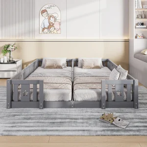 Babybedje 180 x 200 cm met valbeveiliging, voor 2 kinderen, van massief hout, grijs, zonder lattenbodem Babybedje 180 x 200 cm met valbeveiliging, voor 2 kinderen, van massief hout, grijs, zonder lattenbodem
