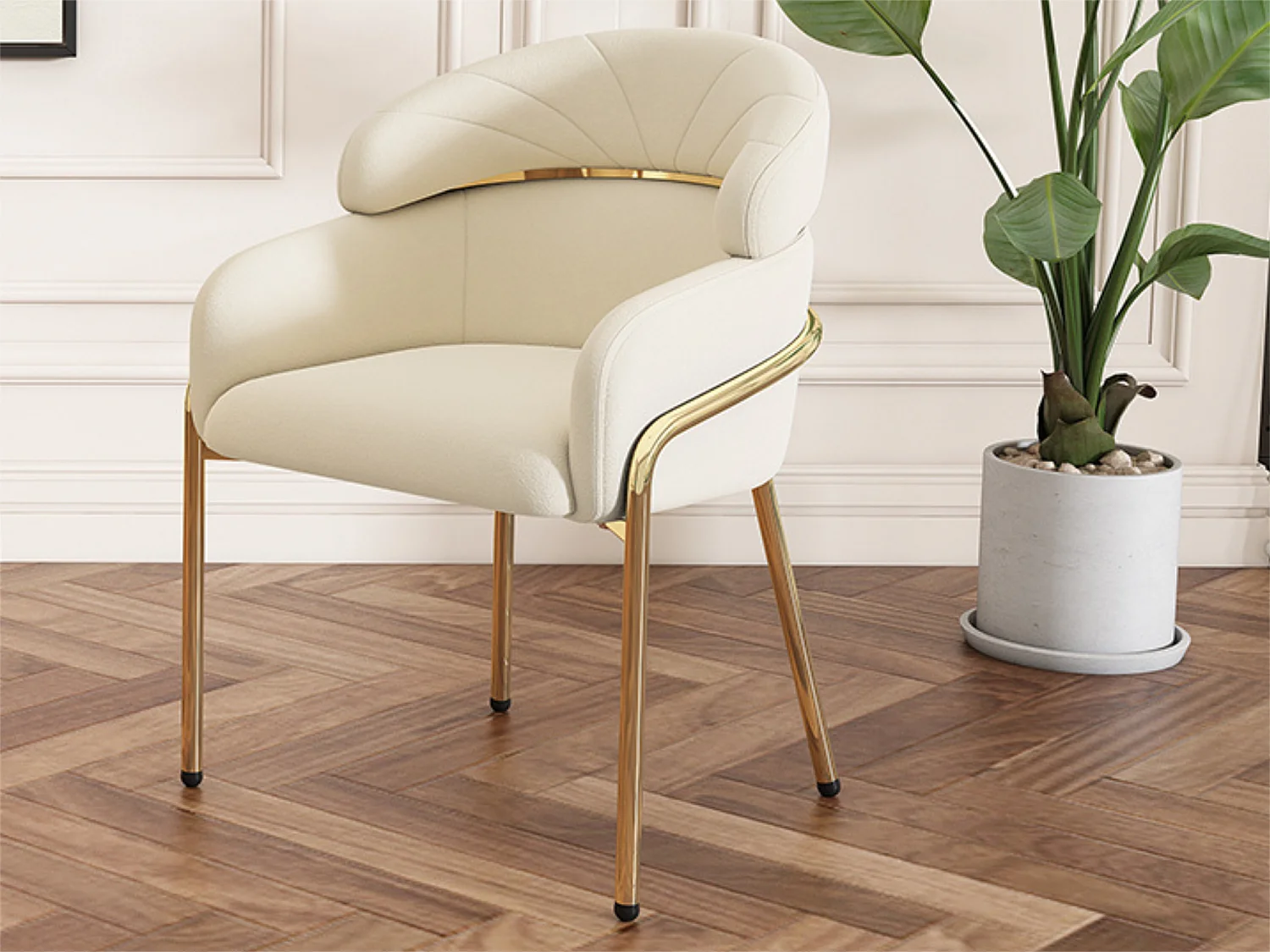 1 Fauteuil fluweel – met 4 goud metalen poten – Beige