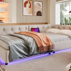 90×200 cm linnen daybed – met LED en oplaadpoorten – Beige